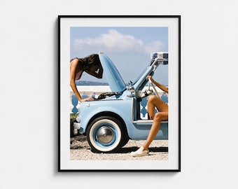Vintage Blue Car Poster, Retro Beach Print, Italian Riviera Travel Decor