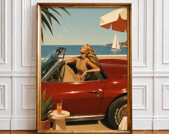 Vintage Red Convertible Poster, Mediterranean Summer Decor, Old Money Decor (Digital Download)