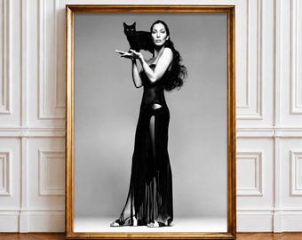 Cher Black Cat Vintage Fashion Photography Print, Black White Celebrity Wall Art (Digital Download)