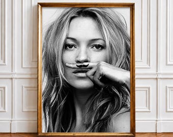 Kate Moss Mustache Print, Black White Fashion Wall Art (Digital Download)