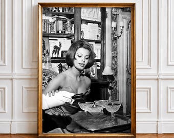 Sophia Loren Champagne Poster, Vintage Black White Hollywood Wall Art (Digital Download)