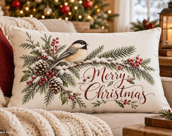 Puede incluir: Un cojín rectangular de color crema con una ilustración impresa de un carbonero posado en una rama de pino nevada con piñas y bayas rojas, acompañado por el texto en cursiva roja Merry Christmas.