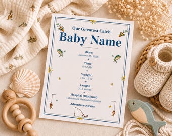 Fishing Themed Birth Stats Print, Watercolor, Custom Birth Announcement, Blue Nursery Wall Decor