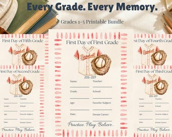 Baseball First Day of School Sign, Watercolor Printable Grade Set Bundle