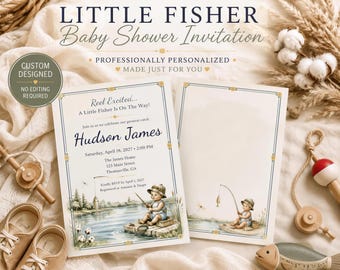 Little Fisherman Baby Shower Invitation, Watercolor Fishing Theme, Editable High Resolution PDF