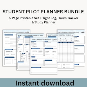 May include: A 5-page student pilot planner bundle featuring a monthly training overview, weekly study planner, flight lesson log and debrief, flight hours and progress tracker, and a PPL theory syllabus checklist with blue text and lines.