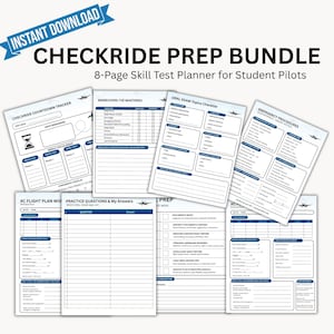 May include: An 8-page digital checkride prep bundle for student pilots featuring white sheets with blue text and borders. The pages include a countdown tracker, maneuver logs, oral exam checklists, emergency procedures, and flight plan worksheets.