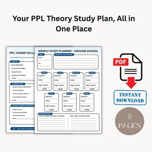 May include: A two-page PPL theory study plan and weekly ground school planner featuring sections for air law, meteorology, and aircraft general knowledge. The document includes a PDF icon, an instant download label, and a 2 pages indicator.
