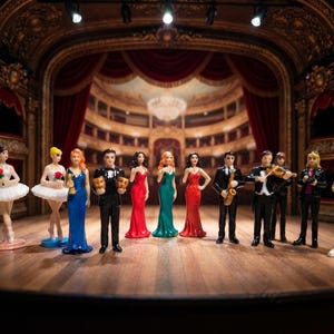 以下が含まれることがあります： 詳細な劇場モデルの木製ステージ上に配置されたミニチュアフィギュアのコレクション。白いチュチュを着た2人のバレリーナ、イブニングドレスを着た人物、タキシードを着た人物、ミュージシャン、カジュアルな服装の人物などが含まれています。