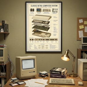 Könnte beinhalten: Ein gerahmtes Poster mit dem Titel CLASSIC RETRO COMPUTER SYSTEM VINTAGE SCHEMATIC SERIES - VOLUME 1. Der Druck zeigt eine Explosionszeichnung eines Computers, einschließlich Tastatur, Platine und diversen beschrifteten Bauteilen.