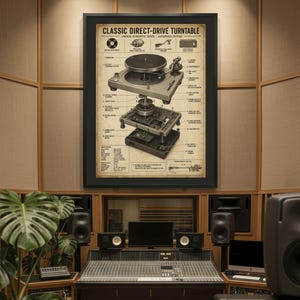 Op de afbeelding: Een ingelijste wandprint met de titel CLASSIC DIRECT-DRIVE TURNTABLE VINTAGE SCHEMATIC SERIES - AUDIOPHILE EDITION. De poster toont een explosietekening van een platenspeler met genummerde onderdelen, technische specificaties en gedetailleerde labels.