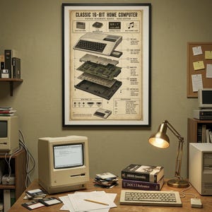 May include: A framed wall poster titled CLASSIC 16-BIT HOME COMPUTER, featuring an exploded view diagram of a computer with labels for components like the top case, game cartridge, RF shield, main PCB, keyboard membrane, and bottom case.
