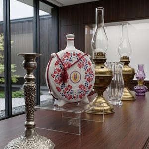 May include: A collection of decorative items including a silver-toned metal candlestick, a round white ceramic flask with red and blue floral patterns and a red tassel, two brass oil lamps with glass chimneys, a clear glass vase, and a small purple lamp.