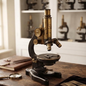 May include: An antique brass and black metal microscope featuring a rotating objective lens turret, a circular stage with clips, and adjustment knobs. The barrel is engraved with the text Ernst Wetzlar No 29944, showcasing a classic scientific design.