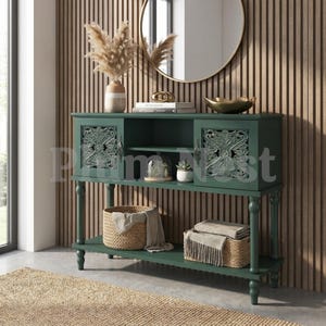 Narrow Console Table with Hand Carved Doors, Vintage Entryway Table with Storage Cabinets and Open Shelf  Retro Sofa Table for Hallway Foyer