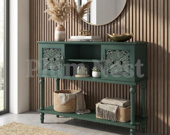 Narrow Console Table with Hand Carved Doors, Vintage Entryway Table with Storage Cabinets and Open Shelf  Retro Sofa Table for Hallway Foyer