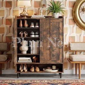 Shoe Cabinet with Doors, 6 Tier Farmhouse Shoe Storage Cabinet with Adjustable Shelves and Metal Legs | Entryway Shoe Organizer