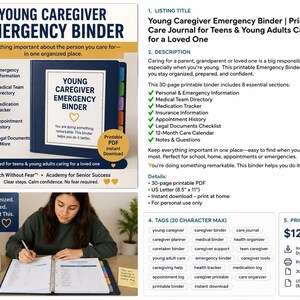 May include: A dark blue Young Caregiver Emergency Binder with a white cover label featuring a heart icon and text. The binder includes sections for emergency information, medical team directory, medication tracker, and appointment history.