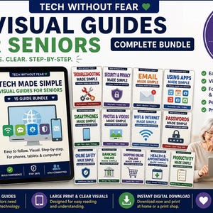 15 Visual Tech Guides for Seniors | Computer, Phone Help Bundle (Digital Download)