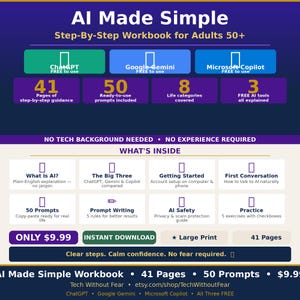 AI Made Simple Workbook for Adults 50+ | ChatGPT, Gemini, Copilot Guide (Instant Download)