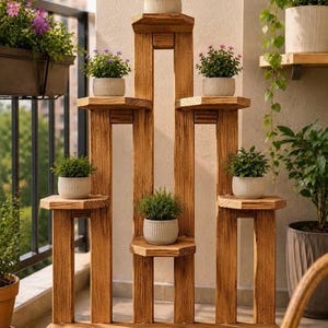 May include: A multi-tiered wooden plant stand with a natural grain finish, featuring six hexagonal shelves arranged in a vertical structure. Each shelf holds a small, ribbed, off-white ceramic pot containing a green plant or small flowers.