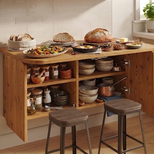 May include: A wooden kitchen island with an open storage cabinet featuring shelves filled with glass jars, bowls, and a copper pot. The top surface holds plates of food, bread, and a skillet. Two dark metal stools with wooden seats are positioned in front.