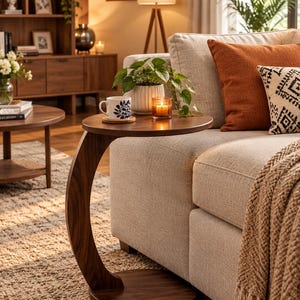 May include: A C-shaped side table made of dark brown wood with a circular top and a matching circular base. The table features a curved support column that connects the top to the base, designed to slide under a sofa for convenient surface access.