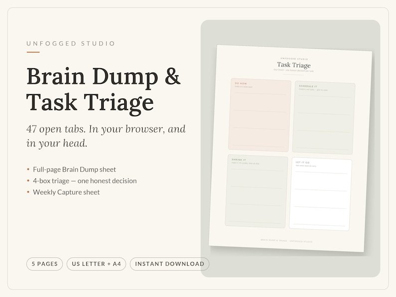 Brain Dump Template Printable, ADHD Task Triage Worksheet, Thought Organizer PDF, Weekly Capture Sheet, Declutter Your Mind, US Letter A4 image 1