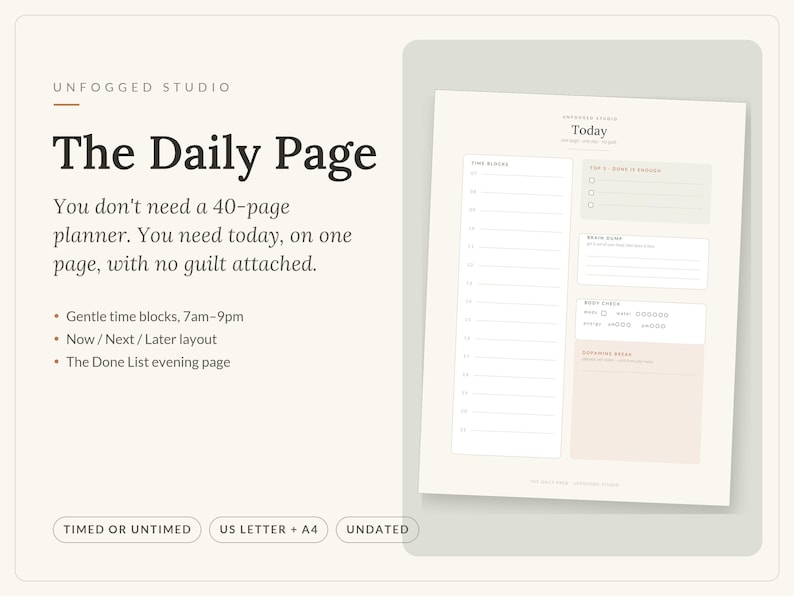 ADHD Daily Planner Printable, Now Next Later To Do List, Undated Daily Page with Brain Dump & Done List, Adult Planner PDF, US Letter A4 image 1