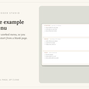 May include: A digital menu template titled Unfogged Studio The example menu with a list of tasks categorized into Starters, Mains, and Sides. The layout features a light beige background with dark text and a white rectangular box containing the list.