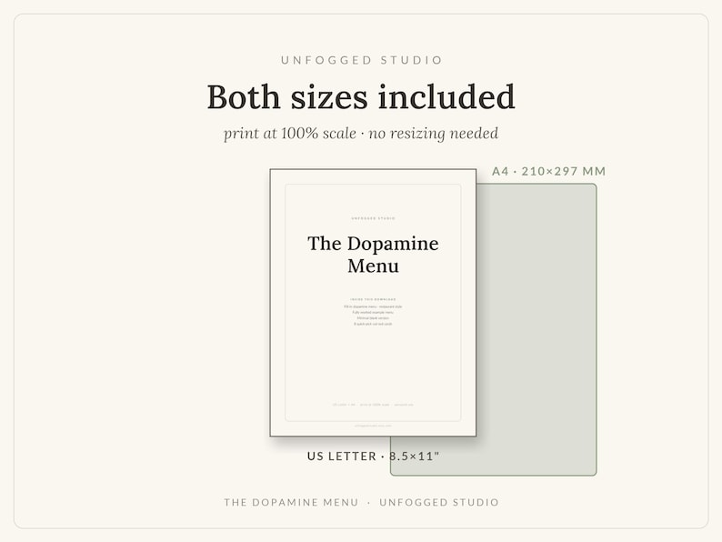 May include: A digital print titled The Dopamine Menu by Unfogged Studio. The image displays two paper sizes: an A4 sheet measuring 210x297 mm and a US Letter sheet measuring 8.5x11 inches. The text Both sizes included is centered at the top.