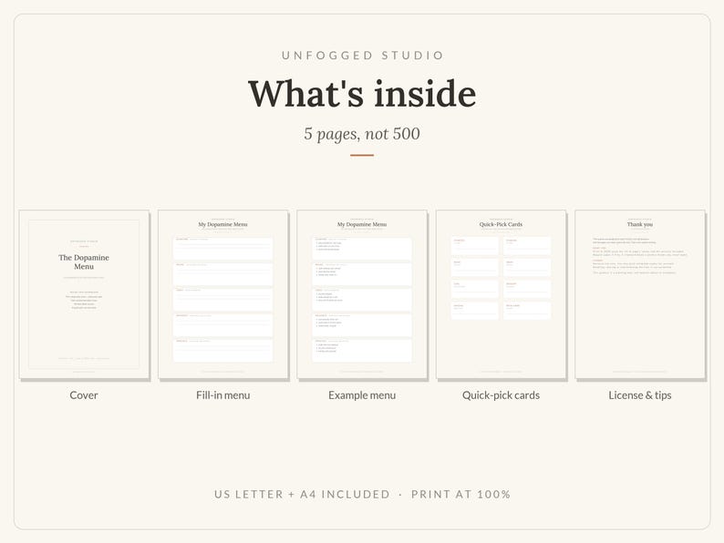 May include: A digital document set titled Unfogged Studio What's inside 5 pages, not 500. It displays five pages: a cover, a fill-in menu, an example menu, quick-pick cards, and license and tips. The text notes US Letter and A4 included.