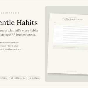 Habit Tracker Printable, Streak Free ADHD Habit Tracker PDF, Gentle Monthly Habit Log, Habit Menu & Weekly Experiment, US Letter A4 imagen 1