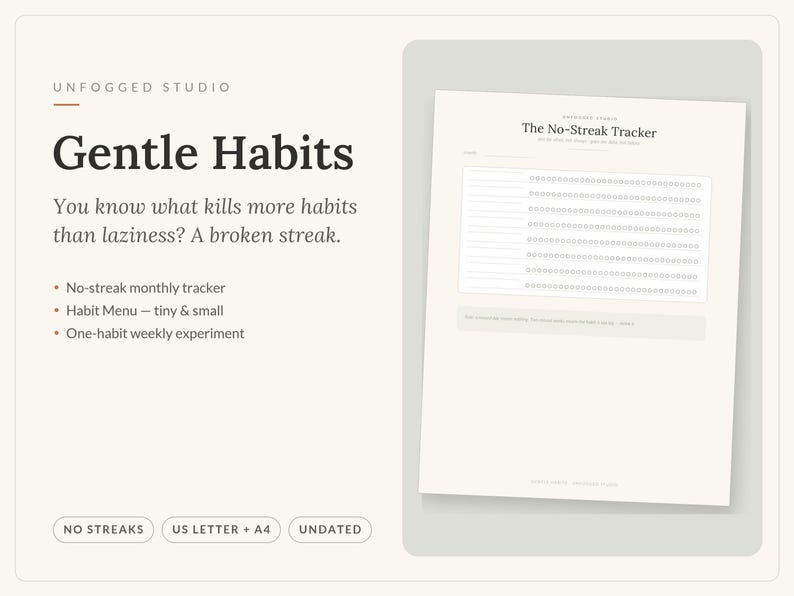 Habit Tracker Printable, Streak Free ADHD Habit Tracker PDF, Gentle Monthly Habit Log, Habit Menu & Weekly Experiment, US Letter A4 imagen 1
