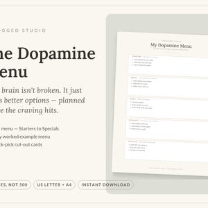 May include: A digital printable planner titled The Dopamine Menu by Unfogged Studio. The document features sections for Starters, Mains, Sides, Desserts, and Specials. It includes text prompts, bullet points, and a clean layout on a light background.
