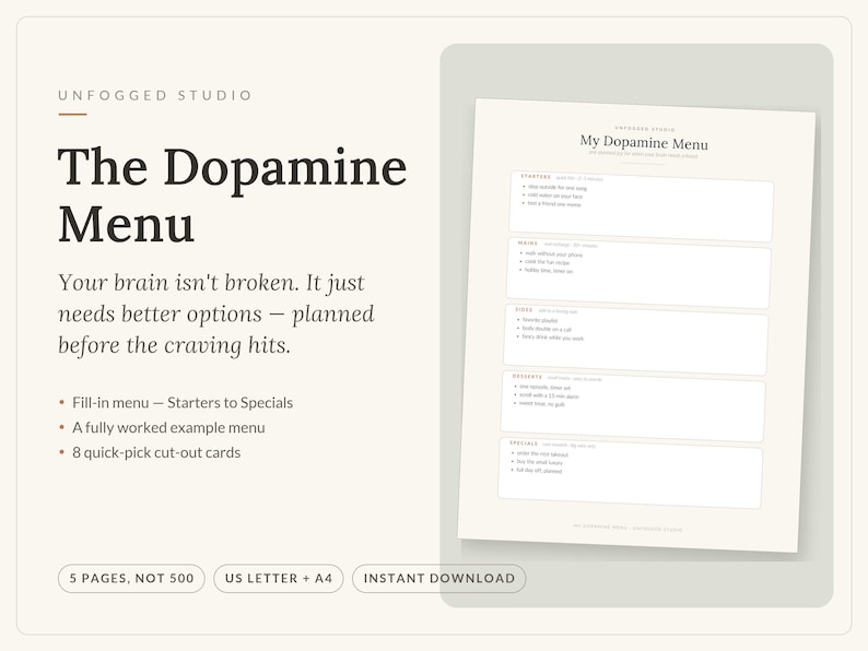 May include: A digital printable planner titled The Dopamine Menu by Unfogged Studio. The document features sections for Starters, Mains, Sides, Desserts, and Specials. It includes text prompts, bullet points, and a clean layout on a light background.