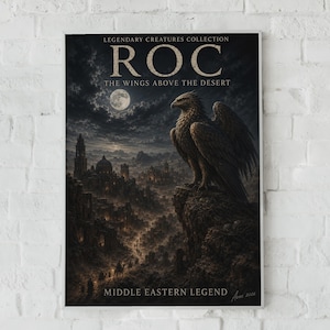Poster di Roc, uccello mitologico, stampa artistica dark fantasy, leggenda mediorientale, creatura gotica