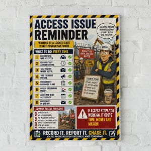 Könnte beinhalten: Ein rechteckiges Baustellenplakat mit dem Titel ACCESS ISSUE REMINDER und gelb-schwarzen Streifenrändern. Es listet acht Schritte zur Dokumentation von Zugangsproblemen auf, zeigt einen Bauarbeiter als Cartoon und ein Schild mit der Aufschrift IF ACCESS STOPS YOU WORKING, IT COSTS TIME, MONEY AND MARGIN.