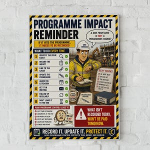 May include: A rectangular poster titled Programme Impact Reminder with a yellow and black striped border. It features a construction worker in a hard hat, a checklist of eight steps, a coffee mug, a clipboard, and a box labeled Impact Evidence.