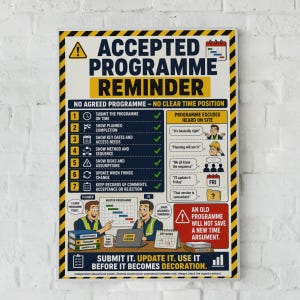 Op de afbeelding: Een rechthoekige poster met de titel ACCEPTED PROGRAMME REMINDER en een geel-zwarte gestreepte rand. Het bevat een checklist van zeven punten, een sectie voor programma-excuses en illustraties van twee personen die aan een bureau werken.