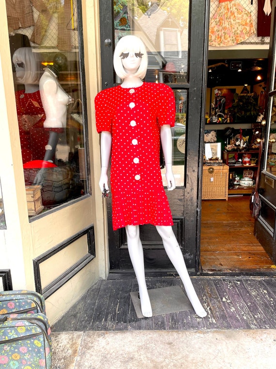 Margot - 70s 80s red and white polkadot dress dro… - image 1