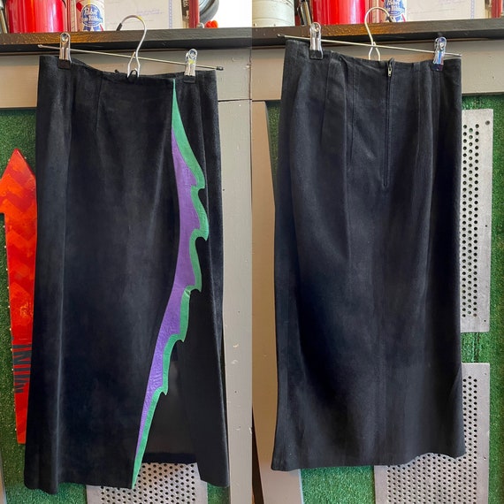 Flame Job - 90s black suede leather skirt front s… - image 8