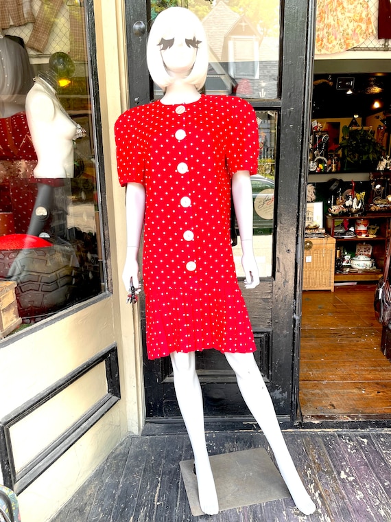 Margot - 70s 80s red and white polkadot dress dro… - image 8