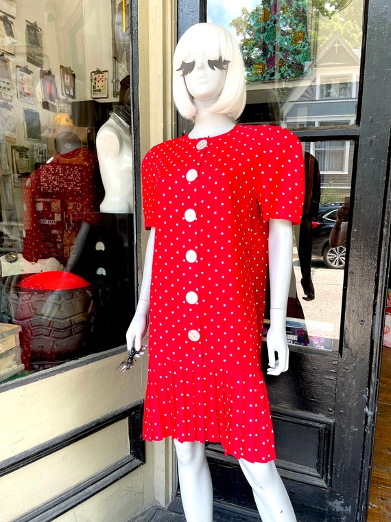 Margot - 70s 80s red and white polkadot dress dro… - image 2