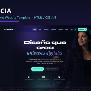 Può includere: Un modello di sito web portfolio intitolato LUCIA, che utilizza HTML, CSS e JS. La pagina di destinazione mostra il testo Diseño que crea universos digitales, un menu di navigazione, statistiche sui progetti e una combinazione di colori viola.