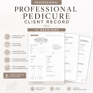 Può includere: Un modulo di registrazione per clienti di pedicure professionale con 12 sessioni. Il documento include sezioni per le informazioni sul cliente, la valutazione di piedi e unghie, i piani di trattamento e le valutazioni finali. È un PDF stampabile.