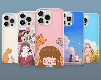 May include: Five smartphone cases featuring various anime-style illustrations. Designs include a cat with a small creature, a girl with floral accents, a cartoon character with two animals, a couple under a starry sky, and a girl in a field of sunflowers.