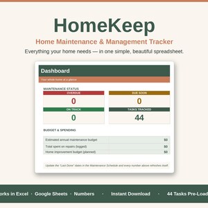 Peut inclure: Tableau de bord de suivi de maintenance et de gestion domestique HomeKeep. L'interface affiche le statut de maintenance avec des catégories pour les retards, les échéances proches, les tâches en cours et suivies, ainsi qu'un budget.