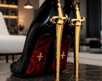 Black Stiletto Heels for Women, Red Sole Court Shoes, Gold Heel Pumps for Women, Slip On High Heels, Party Pumps , Evening Wear for Her