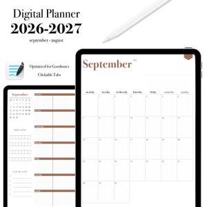 May include: A digital planner for 2026-2027, September-August, displayed on two tablet screens with a white stylus. The interface features a monthly calendar grid, habit tracker, and to-do list with brown text and clickable tabs.